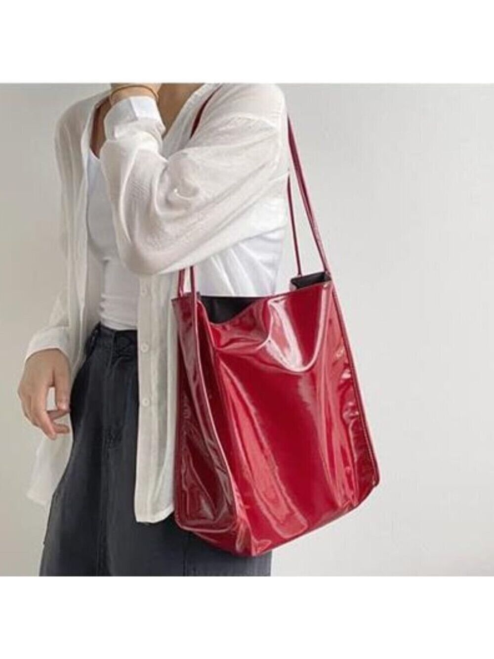Women Patent Leather Tote Bag Shiny Shoulder Bag Minimalist Fashion Handbag